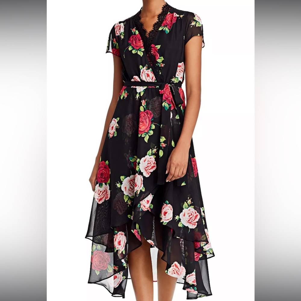 Betsey Johnson Black Floral Midi Dress with Pink and Red Roses